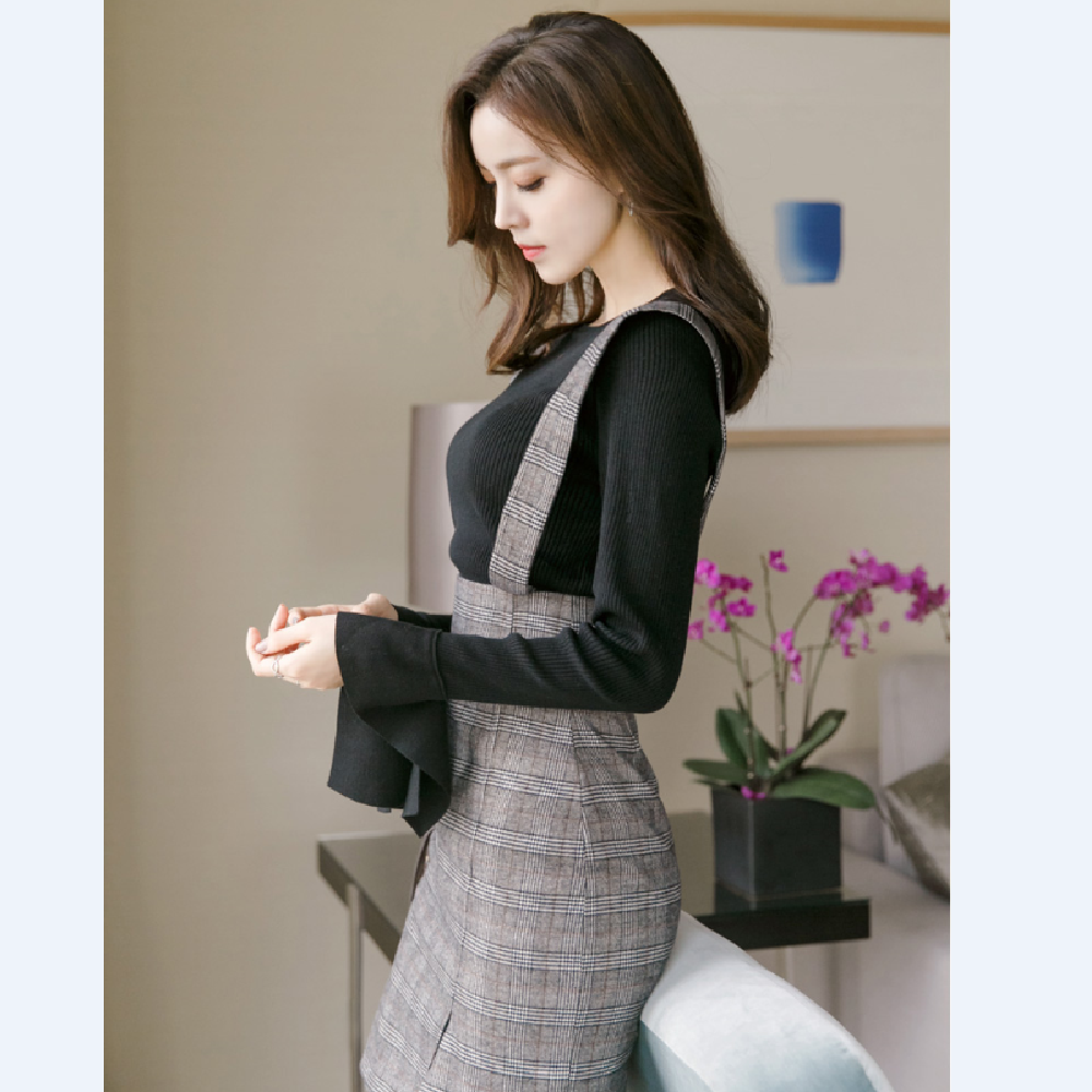 op2521 Check Mid-Thigh Suspender Dress