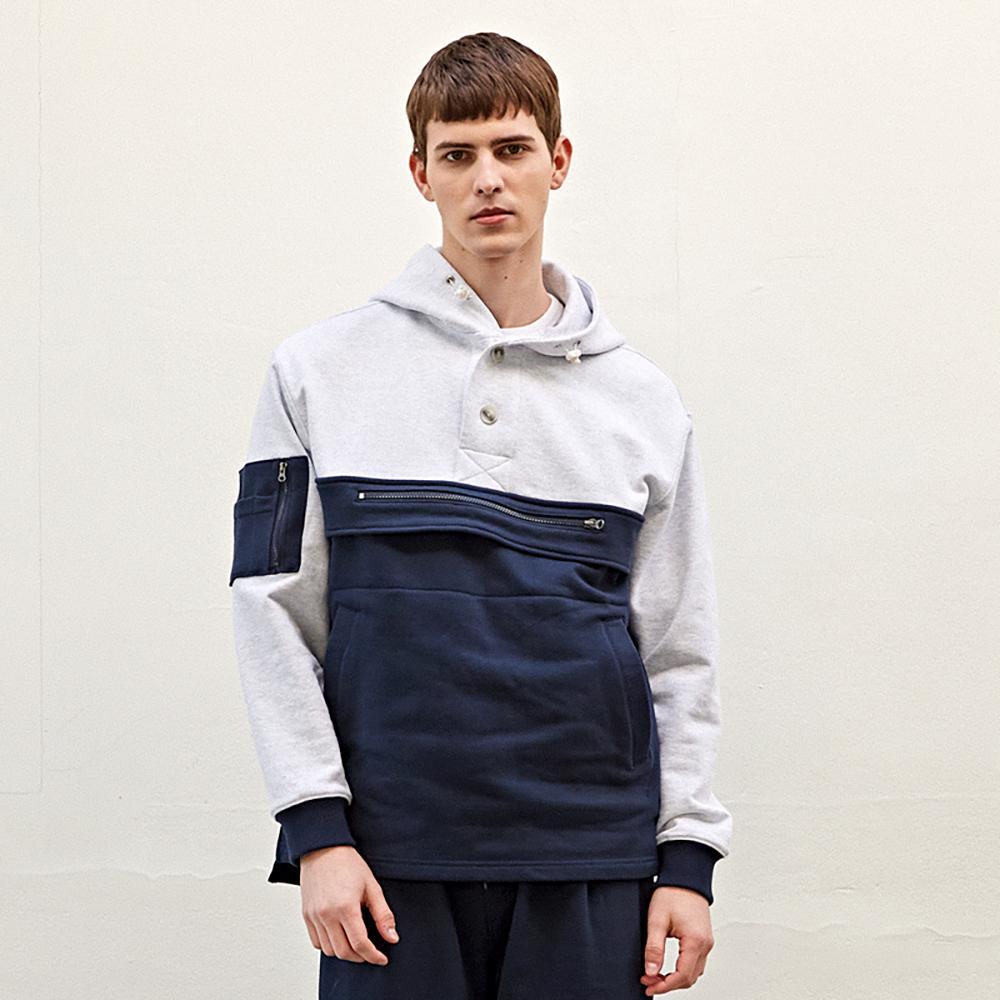 [CUSTOMUS] ﻿Half color scheme henley neckline hood sweat-shirt CTS23SKHT250