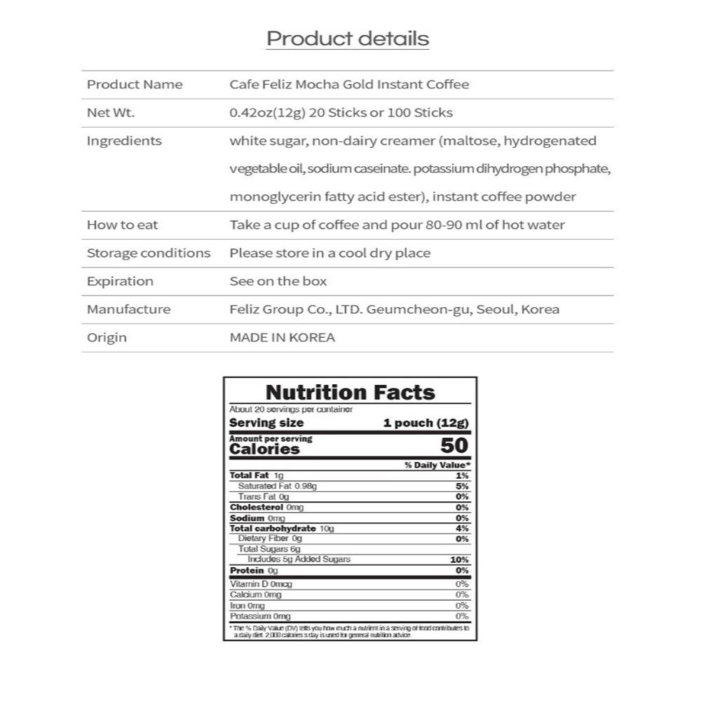 CAFE FELIZ Mocha Gold Instant Coffee (0.42oz X 100ea) Coffee Mix Powder