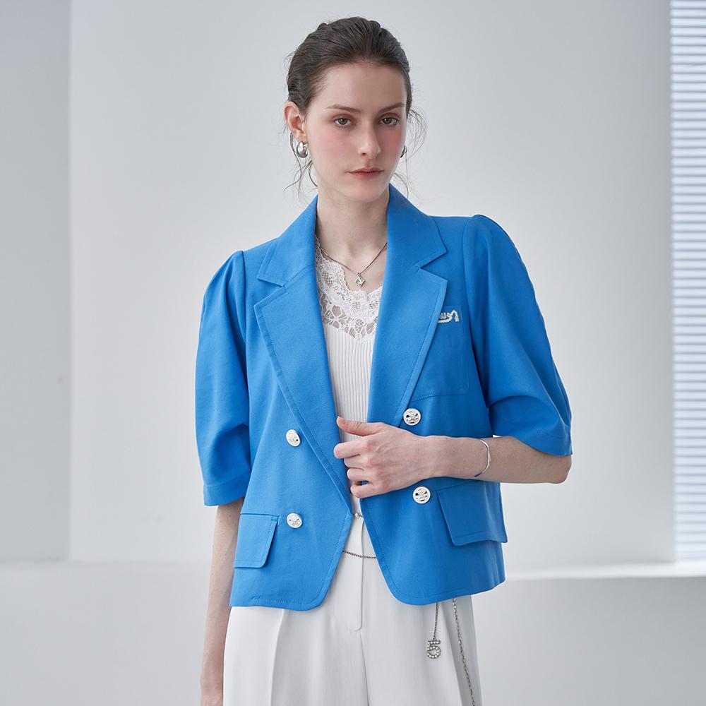 Linen Embroidered Volume-Sleeve Short Jacket